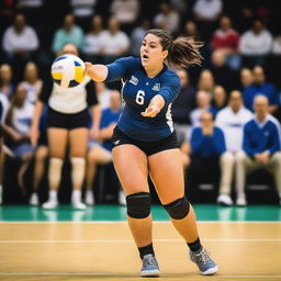 A volleyball player with a voluptuous figure, wearing a sports uniform, in action during a game