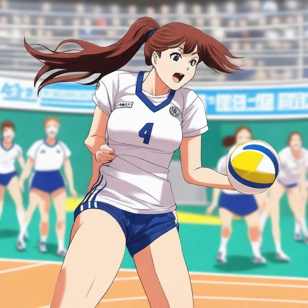 An anime-style volleyball player with a slim figure and large breasts, wearing a sports uniform, in action during a game