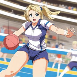 An anime-style volleyball player with a slim figure and large breasts, wearing a sports uniform, in action during a game