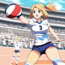 An anime-style volleyball player with a slim figure and large breasts, wearing a sports uniform, in action during a game