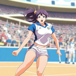 An anime-style volleyball player with a slim figure and large breasts, wearing a sports uniform, in action during a game