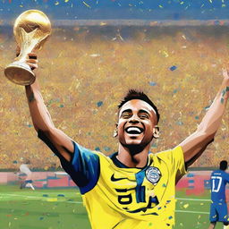 A realistic depiction of Neymar celebrating after winning the World Cup