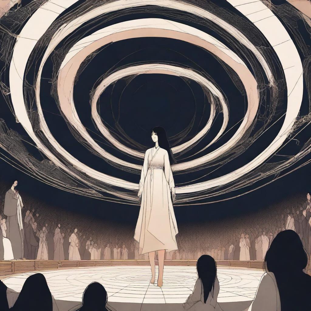 A young woman with long, wavy black hair stands in the center of a vast circular stage