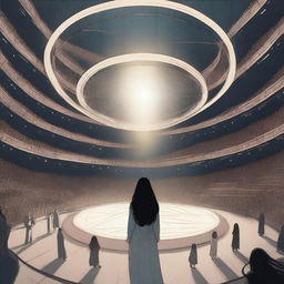 A young woman with long, wavy black hair stands in the center of a vast circular stage