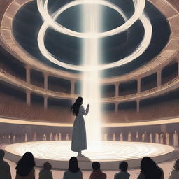 A young woman with long, wavy black hair stands in the center of a vast circular stage