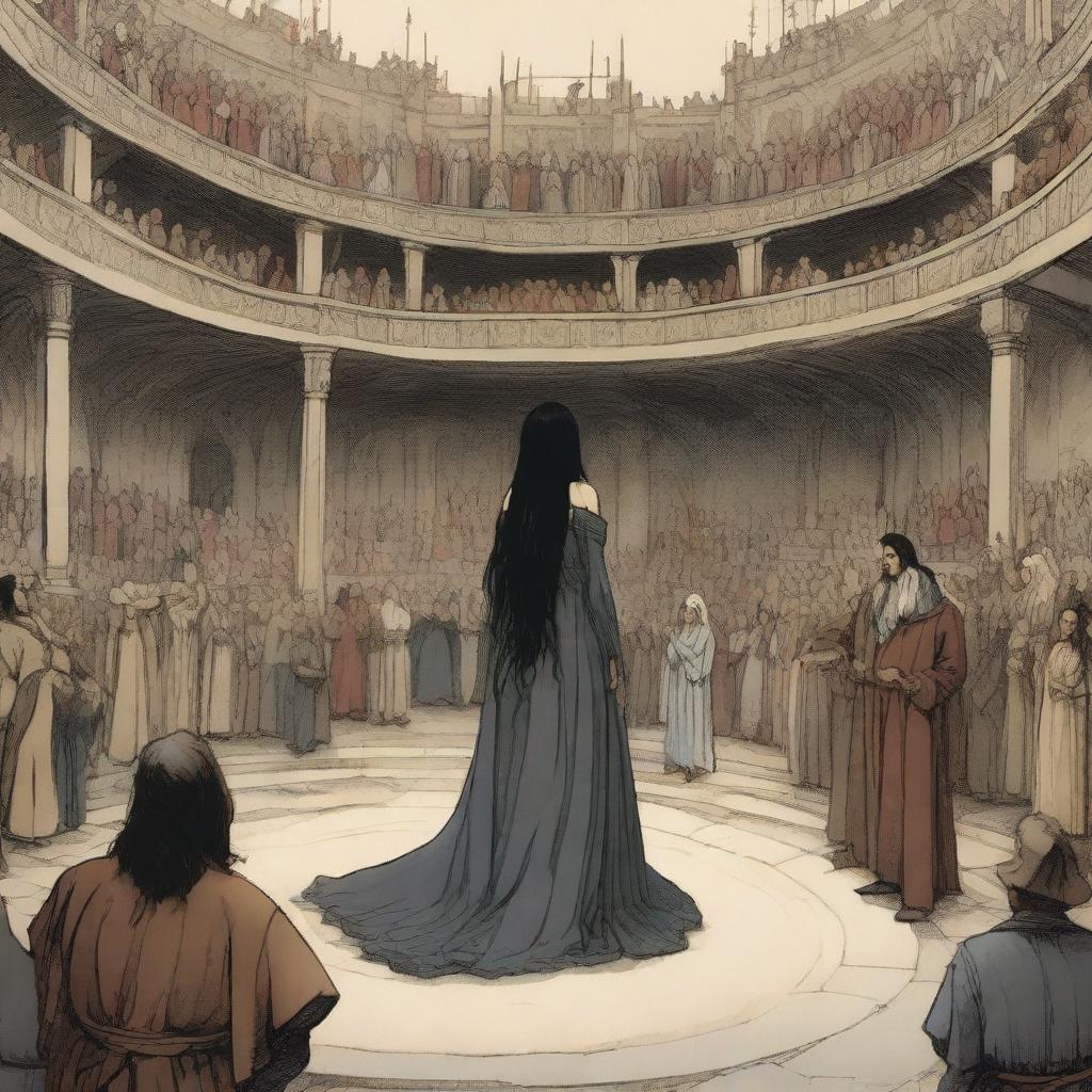 Medieval style: A young woman with long, wavy black hair stands in the center of a vast circular stage