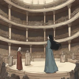 Medieval style: A young woman with long, wavy black hair stands in the center of a vast circular stage