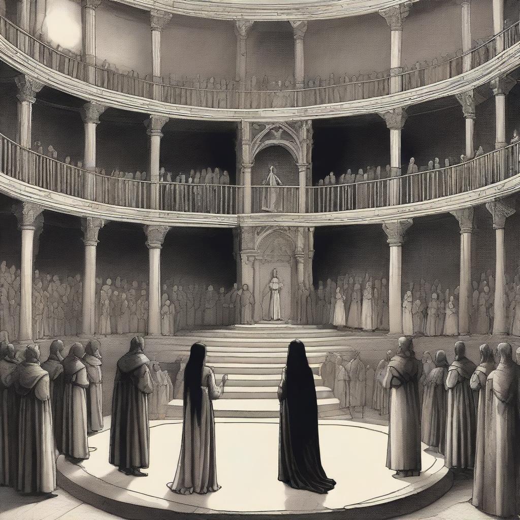 Medieval style: A young woman with long, wavy black hair stands in the center of a vast circular stage