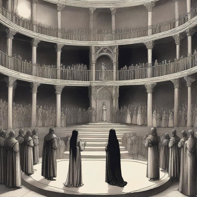 Medieval style: A young woman with long, wavy black hair stands in the center of a vast circular stage