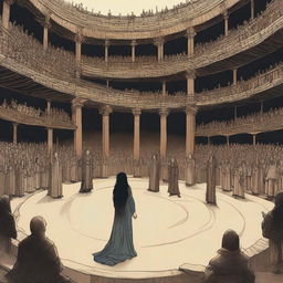 Medieval style: A young woman with long, wavy black hair stands in the center of a vast circular stage