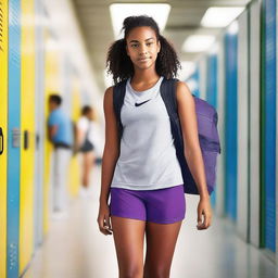 A teenage girl at school wearing Nike pro shorts and a sports bra, standing in a hallway with lockers in the background