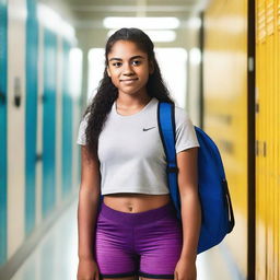 A teenage girl at school wearing Nike pro shorts and a sports bra, standing in a hallway with lockers in the background