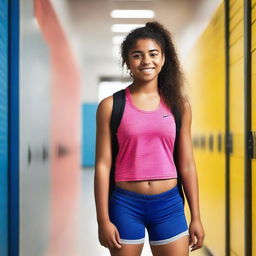 A teenage girl at school wearing Nike pro shorts and a sports bra, standing in a hallway with lockers in the background