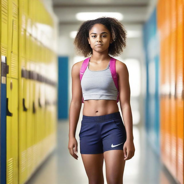 A teenage girl at school wearing Nike pro shorts and a sports bra, standing in a hallway with lockers in the background