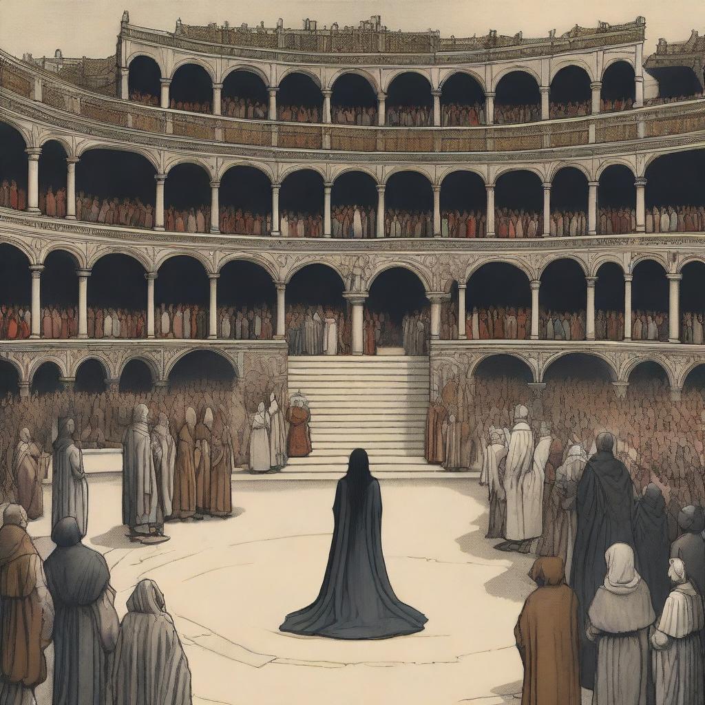 Medieval style: A young woman with long black hair stands in the center of a vast circular stage