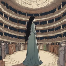 Medieval style: A young woman with long black hair stands in the center of a vast circular stage