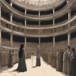 Medieval style: A young woman with long black hair stands in the center of a vast circular stage