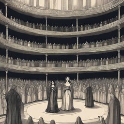 Medieval style: A young woman with long black hair stands in the center of a vast circular stage