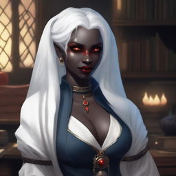 A beautiful and curvy female Drow with inky black skin and bright red eyes