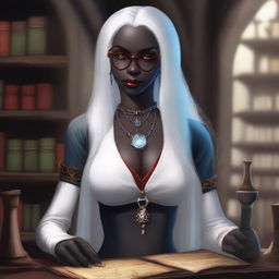 A beautiful and curvy female Drow with inky black skin and bright red eyes