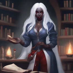 A beautiful and curvy female Drow with inky black skin and bright red eyes