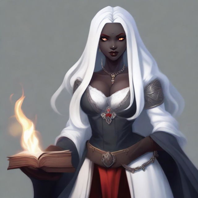 A beautiful and curvy female Drow with inky black skin and bright red eyes