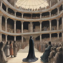 Medieval style: A young woman with long black hair stands in the center of a vast circular stage