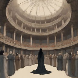 Medieval style: A young woman with long black hair stands in the center of a vast circular stage