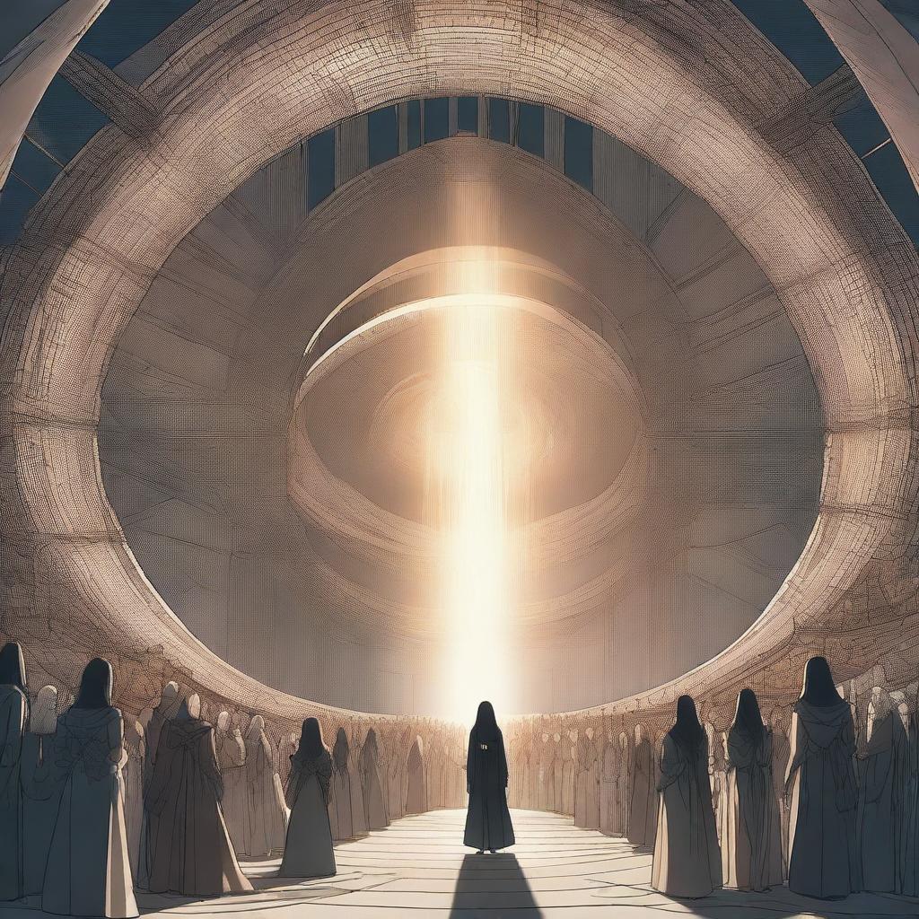 Medieval mixed with futuristic style: A young woman with long black hair stands in the center of a vast circular stage