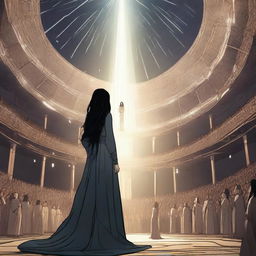 Medieval mixed with futuristic style: A young woman with long black hair stands in the center of a vast circular stage