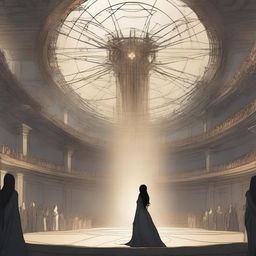 Medieval mixed with futuristic style: A young woman with long black hair stands in the center of a vast circular stage