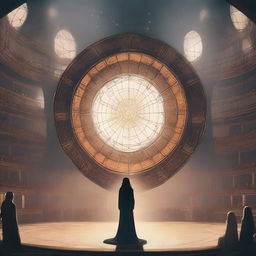 Medieval mixed with futuristic style: A young woman with long black hair stands in the center of a vast circular stage