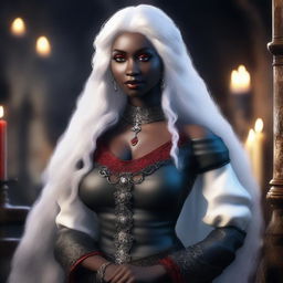 Create a realistic fantasy image of a beautiful curvy female Drow with inky black skin and bright red eyes