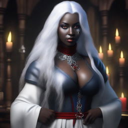 Create a realistic fantasy image of a beautiful curvy female Drow with inky black skin and bright red eyes