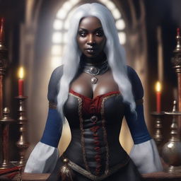 Create a realistic fantasy image of a beautiful curvy female Drow with inky black skin and bright red eyes