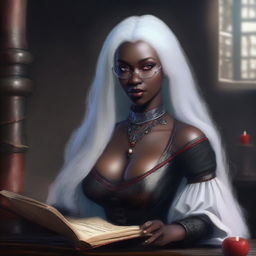 Create a realistic fantasy image of a beautiful curvy female Drow with inky black skin and bright red eyes