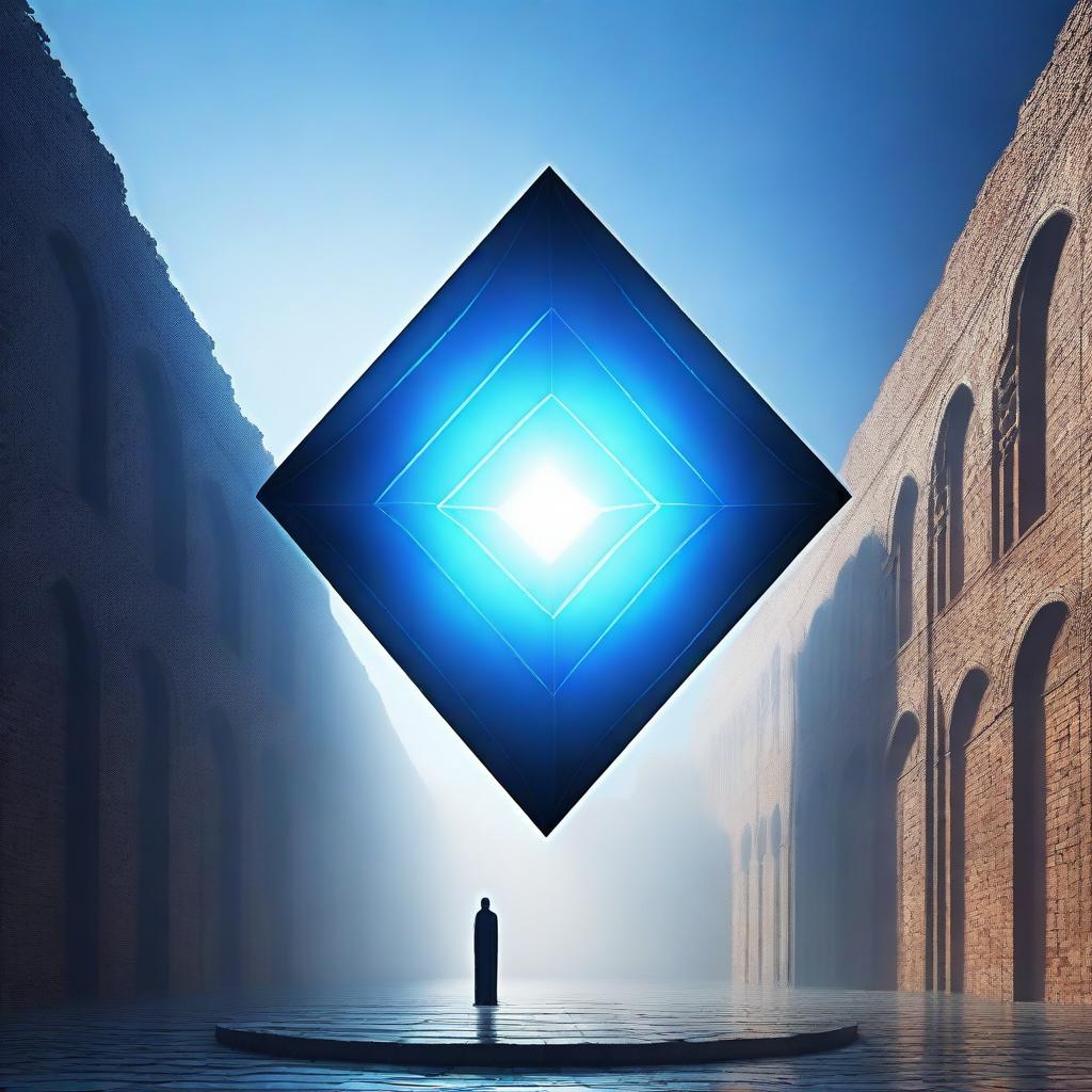 A floating rhombus emits an ethereal blue light