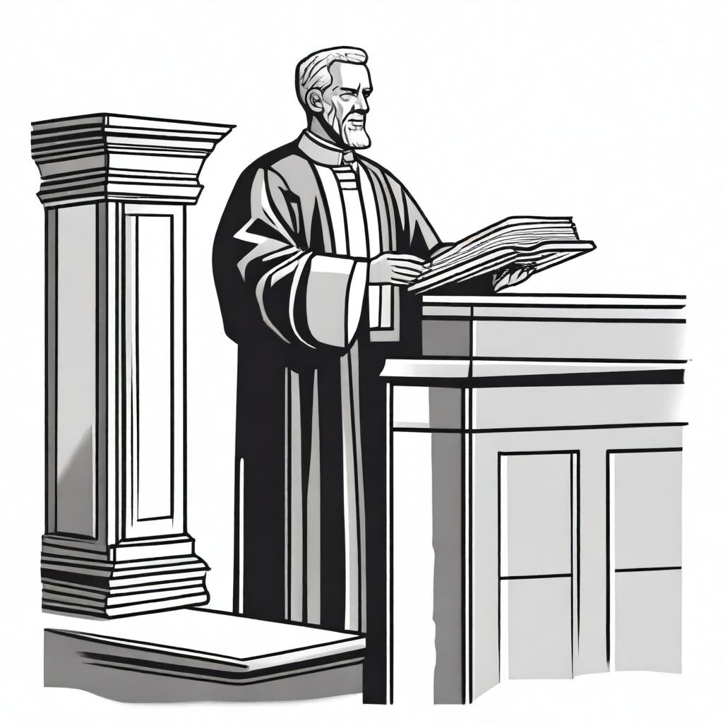 A detailed illustration of a preacher standing at a pulpit, delivering a sermon to a congregation