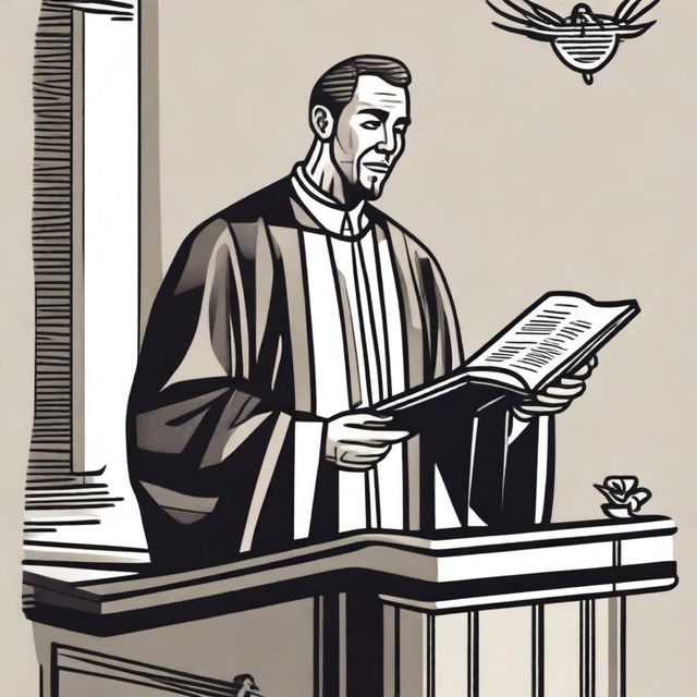 A detailed illustration of a preacher standing at a pulpit, delivering a sermon to a congregation