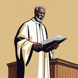 A detailed illustration of a preacher standing at a pulpit, delivering a sermon to a congregation