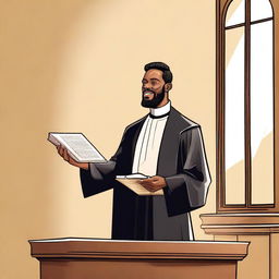 A detailed illustration of a preacher standing at a pulpit, delivering a sermon to a congregation