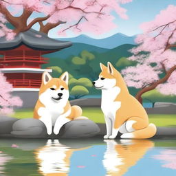 A cute shiba dog and a white cat are sitting together in a traditional Japanese garden