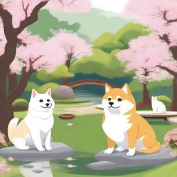 A cute shiba dog and a white cat are sitting together in a traditional Japanese garden