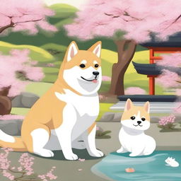 A cute shiba dog and a white cat are sitting together in a traditional Japanese garden