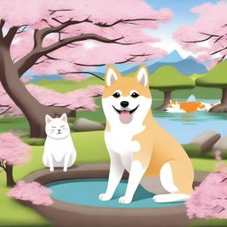 A cute shiba dog and a white cat are sitting together in a traditional Japanese garden