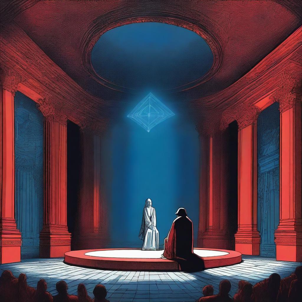 In a stage with a medieval touch, a floating rhombus emits an ethereal blue light in the center of the enormous stage