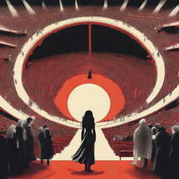 A young woman with long, wavy black hair stands in the center of a vast circular stage