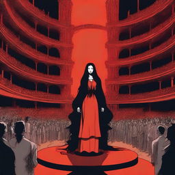 A young woman with long, wavy black hair stands in the center of a vast circular stage