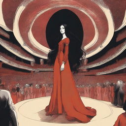 A young woman with long, wavy black hair stands in the center of a vast circular stage