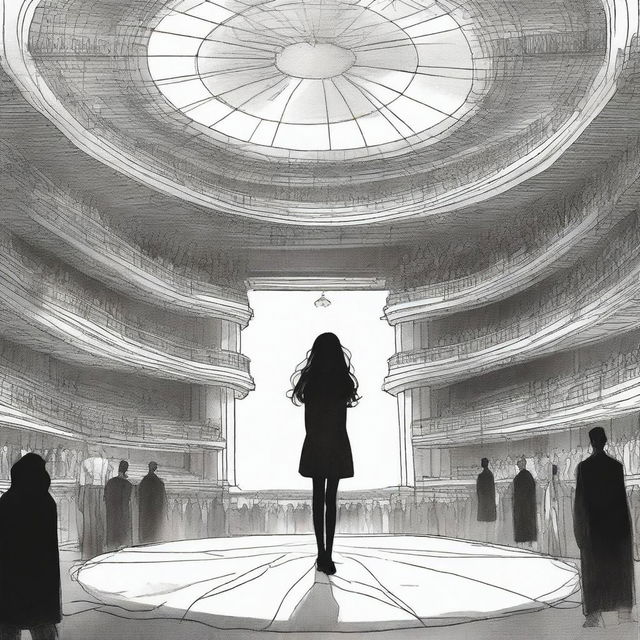 A young woman with long, wavy black hair stands in the center of a vast circular stage